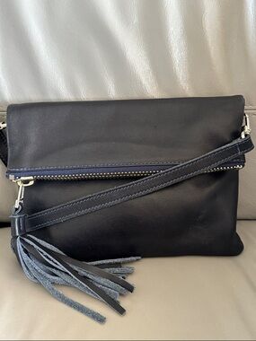 Roots Navy Blue Leather Tassel Foldover Crossbody Bag